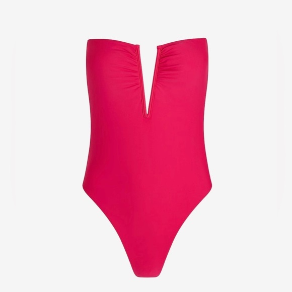 Express Fuchsia Ruched V Wire Halter One Piece Swimsuit - Picture 2 of 10